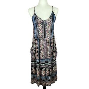 Angie Boho Floral Midi Dress Multicolor Strappy Rayon Summer Small